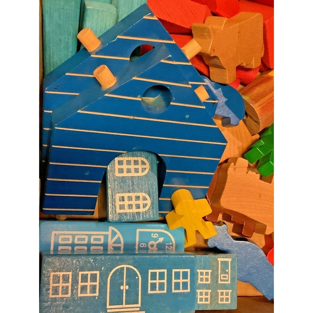 Vtg Wood Blocks TC Timber Huge Set Funland Farm Town Animals People 120+ Pieces